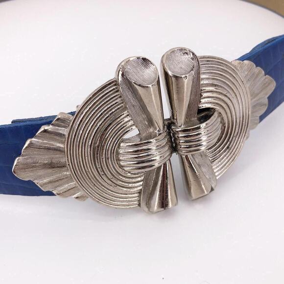 80s Mimi two piece buckle silver & blue belt 1980s vintage - Picture 2 of 4